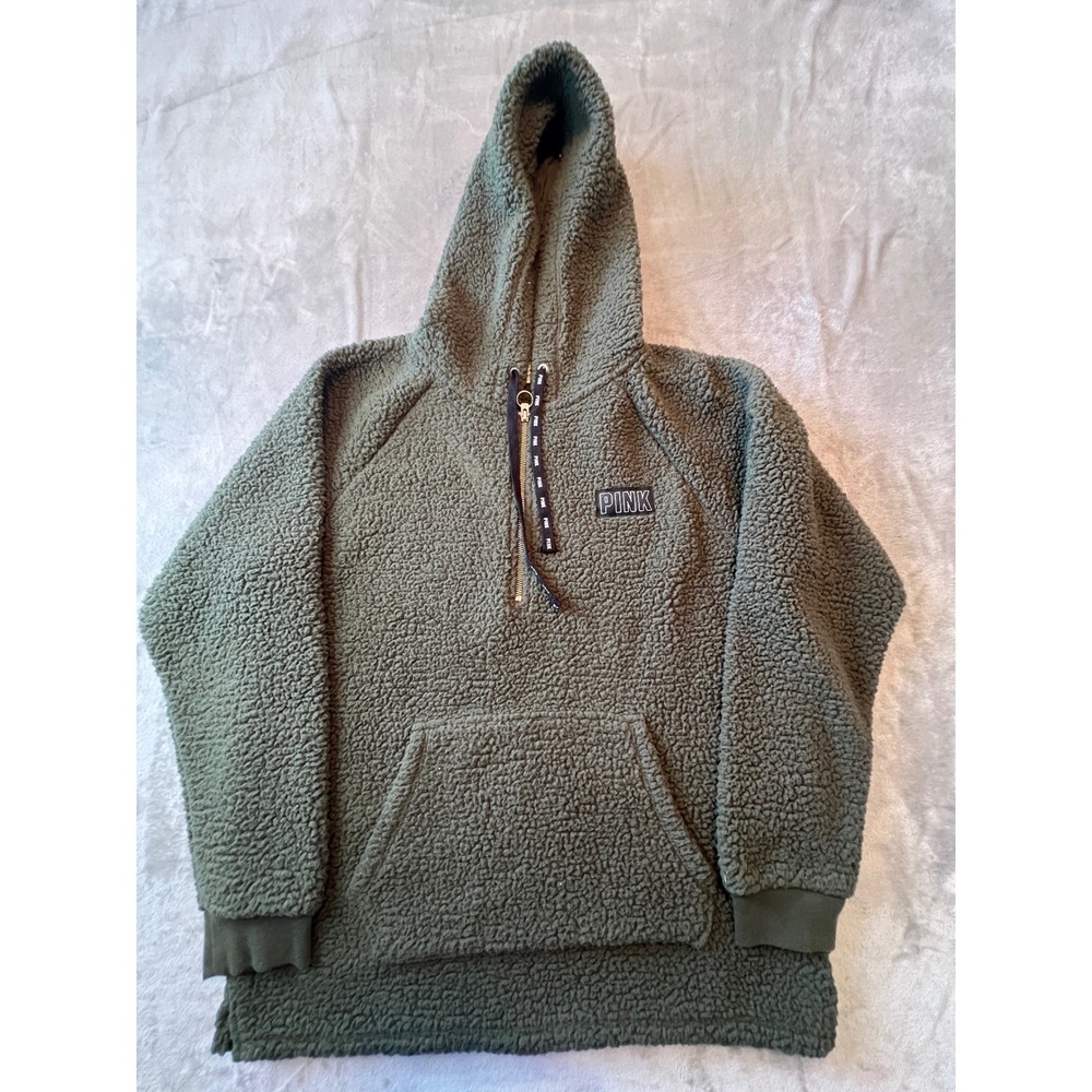 PINK Victoria's Secret Sherpa Hoodie Mens Medium Green Quarter Zip Fleece